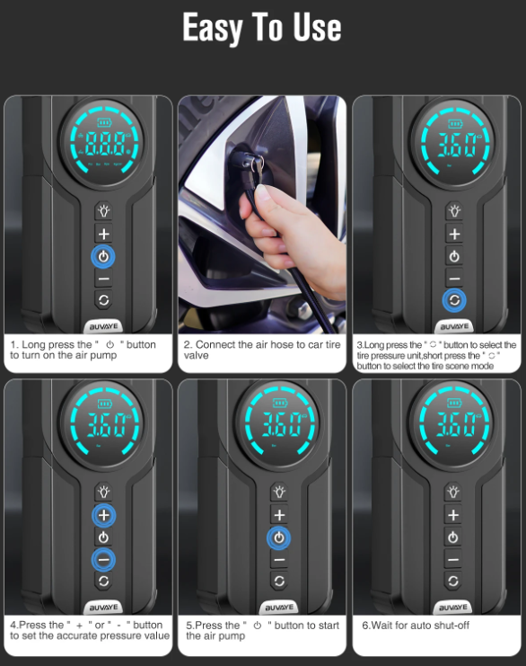BUVAYE Portable Air Pump Digital Auto Car Inflator Tire Pump Portable Car Air Compressor for Motorcycles Bicycle Boat Tyre