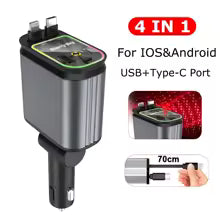 5-in-1 Retractable Car Charger PD45W Fast Charging USB Type-C Power Adapter Phone Charger With Roof Starlight Car Aromatherapy